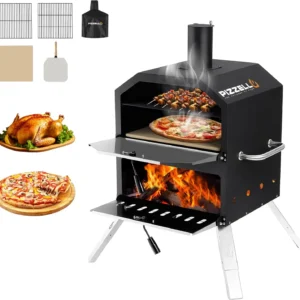 16-Inch Outdoor Wood-Fired Pizza Oven with 2-Layer Cooking, Stone, Peel, Grill Grate & Cover for Camping BBQ