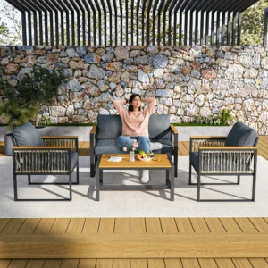 4 Pieces Outdoor Patio Furniture Set with Wicker Handrails
