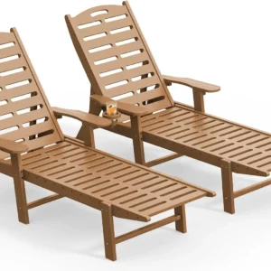 Teak Set of 2 Heavy Duty HDPE Outdoor Chaise Lounge Chairs