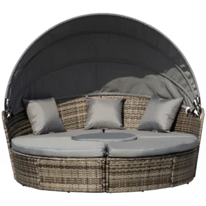 Outdoor Convertible Daybed, 4Pc Furniture Set, Sofa, Coffee Table, Chairs, Gray