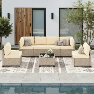 7-Piece Patio Furniture Set, Outdoor Rattan Sectional Sofa with Tempered Glass Table,